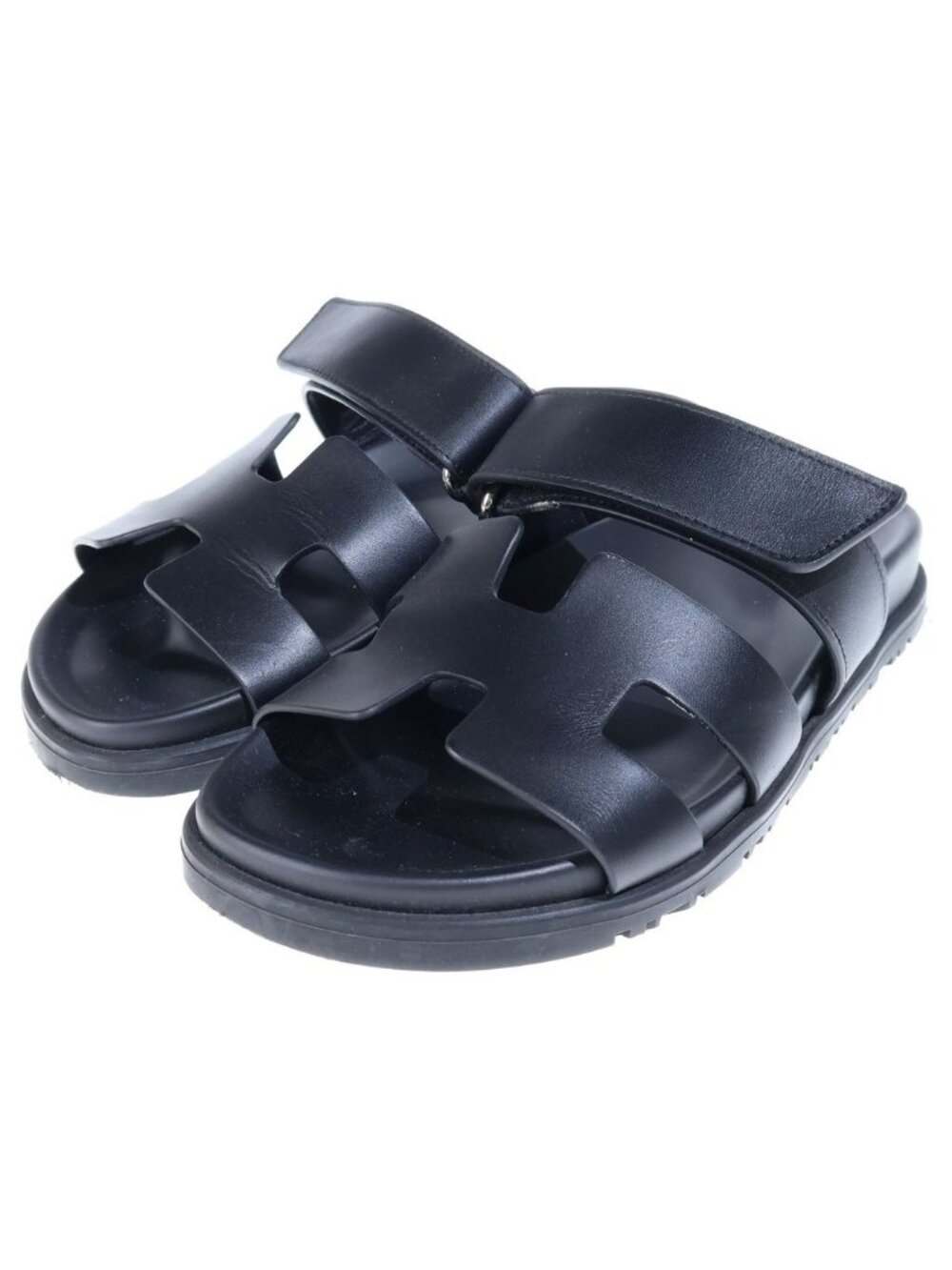 Hermes Chypre Sandals Flat Leather Black